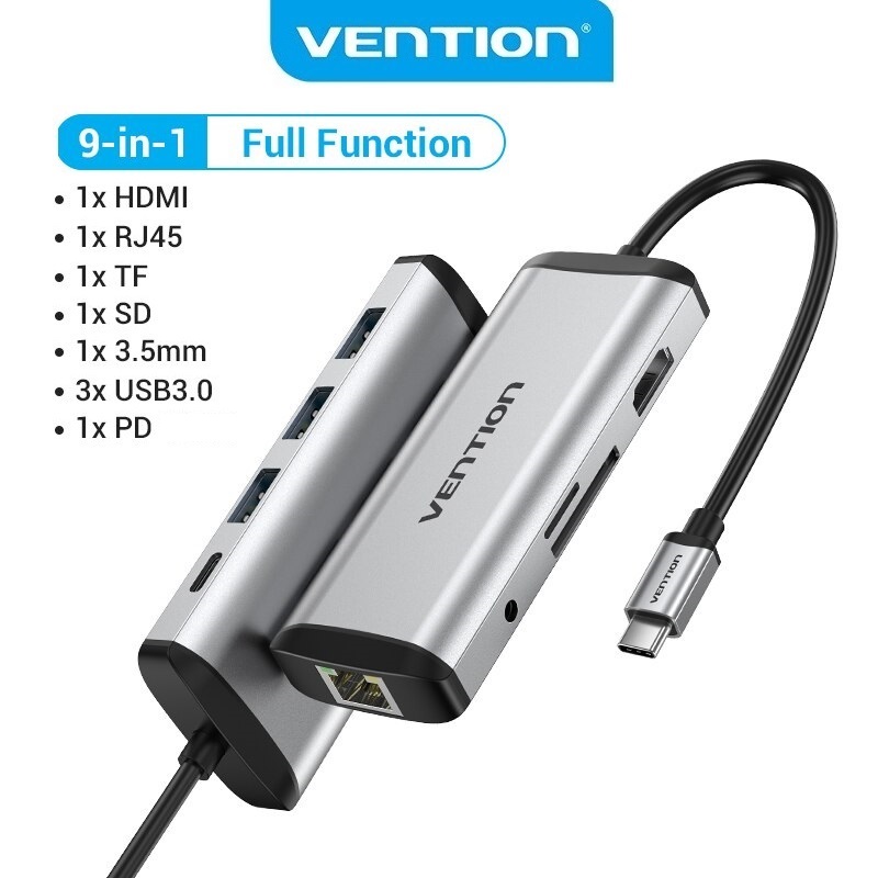 Cáp chuyển đổi (9 in 1)USB-C sang HDM/USB3.0*3/TF/SD/RJ45/3.5mm/PD(87w) Vention Model:THAHB